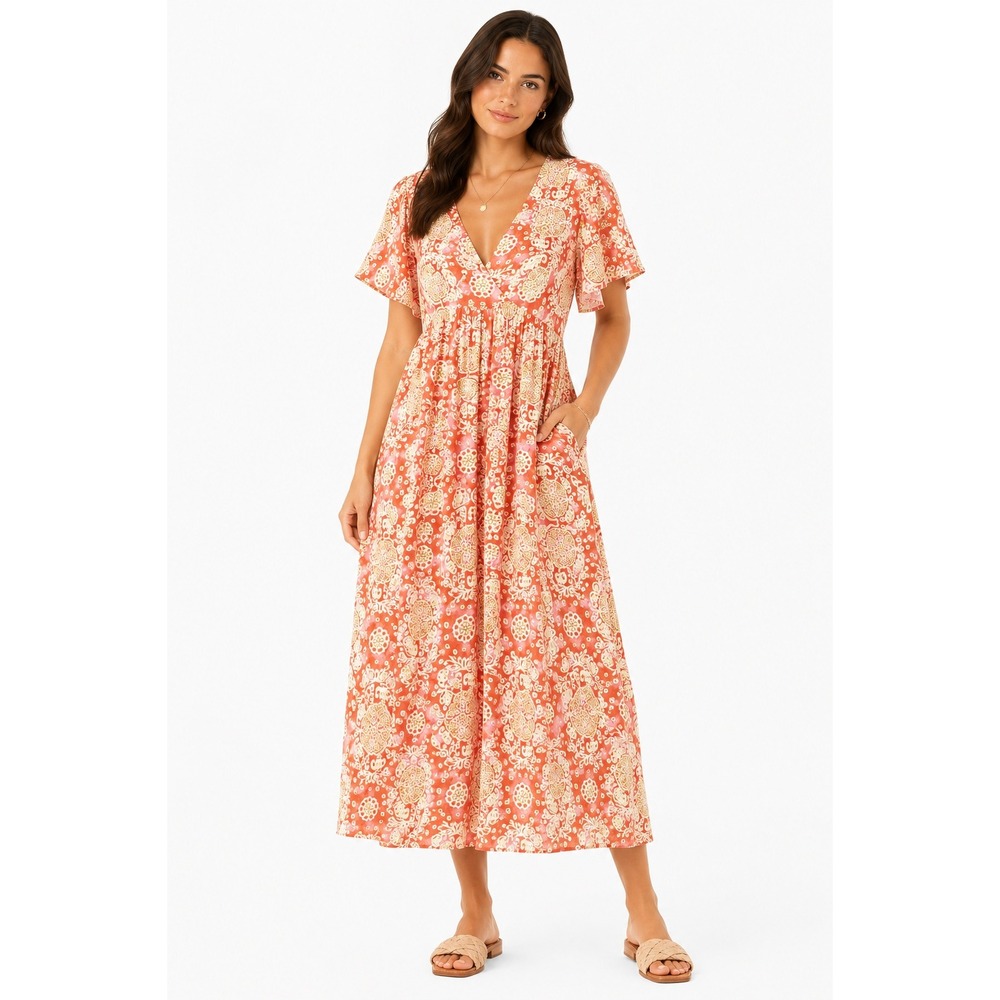 Maeve Anthropologie Orange Pink Floral Cotton Midi Dress Flutter Sleeve Small